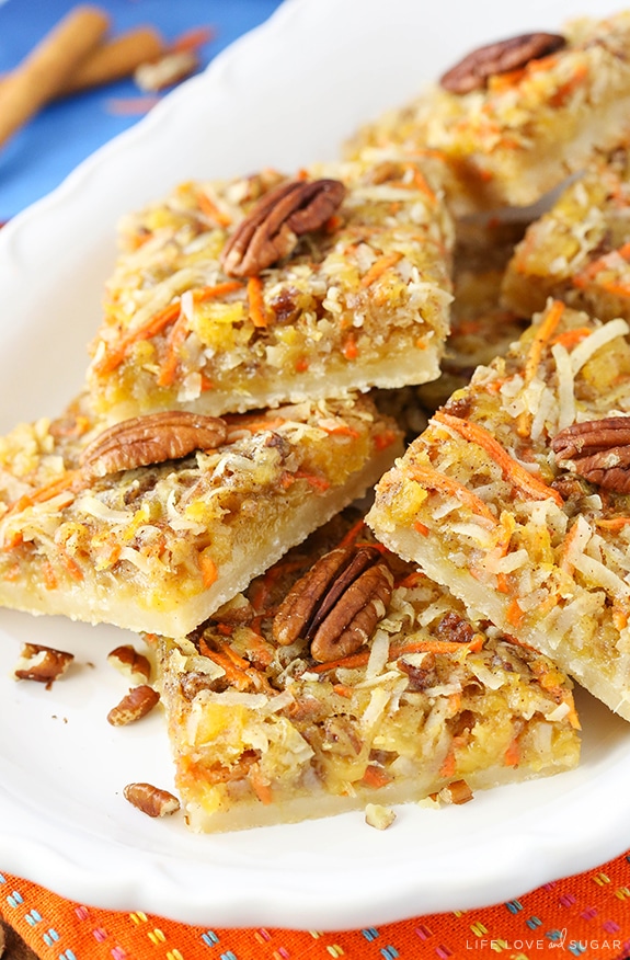 Carrot Cake Shortbread Bars on a platter