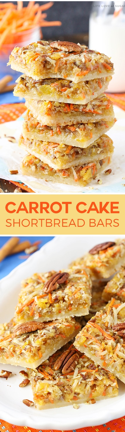Carrot Cake Shortbread Bars - all the great flavor of carrot cake in these easy and delicious bars! Perfect dessert recipe for Easter!