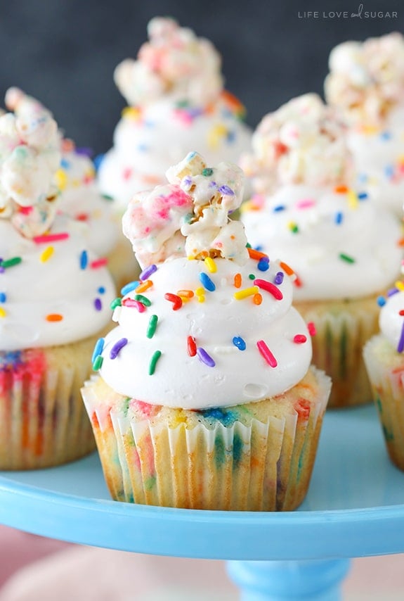 Funfetti Popcorn Marshmallow Treat Cupcakes close up