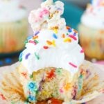 Funfetti Popcorn Marshmallow Treat Cupcake with a bite taken out