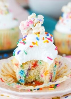 Funfetti Popcorn Marshmallow Treat Cupcake with a bite taken out