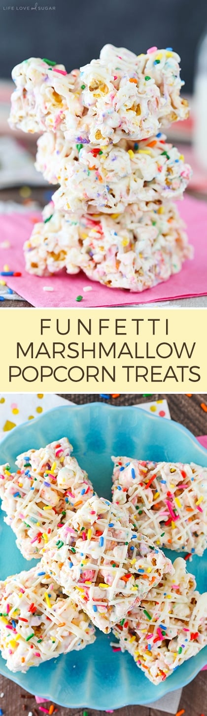 Funfetti Marshmallow Popcorn Treats - no bake, easy and fun treats! Like rice krispie treats, but even better with popcorn!