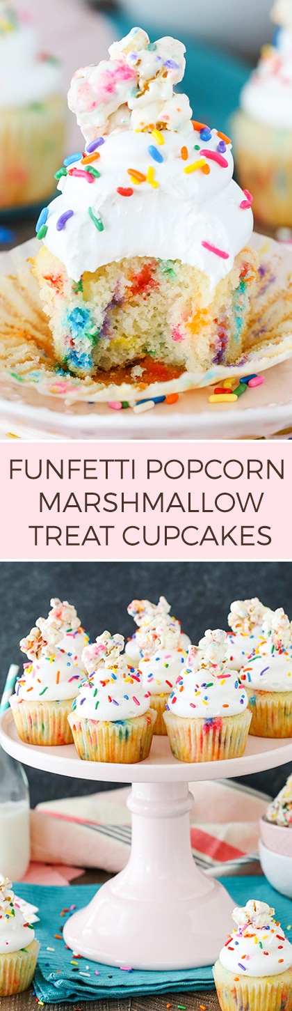 Funfetti Popcorn Marshmallow Treat Cupcakes - A buttery, sprinkle-filled cupcake topped with marshmallow frosting and a popcorn marshmallow treat! Such a fun dessert recipe!