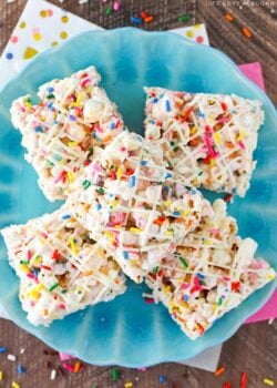 overhead image of Funfetti Marshmallow Popcorn Treats