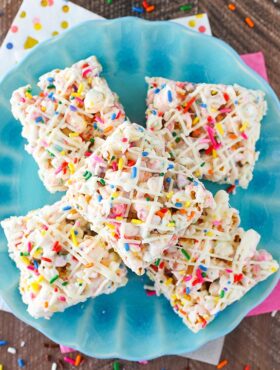 overhead image of Funfetti Marshmallow Popcorn Treats