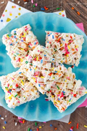 overhead image of Funfetti Marshmallow Popcorn Treats