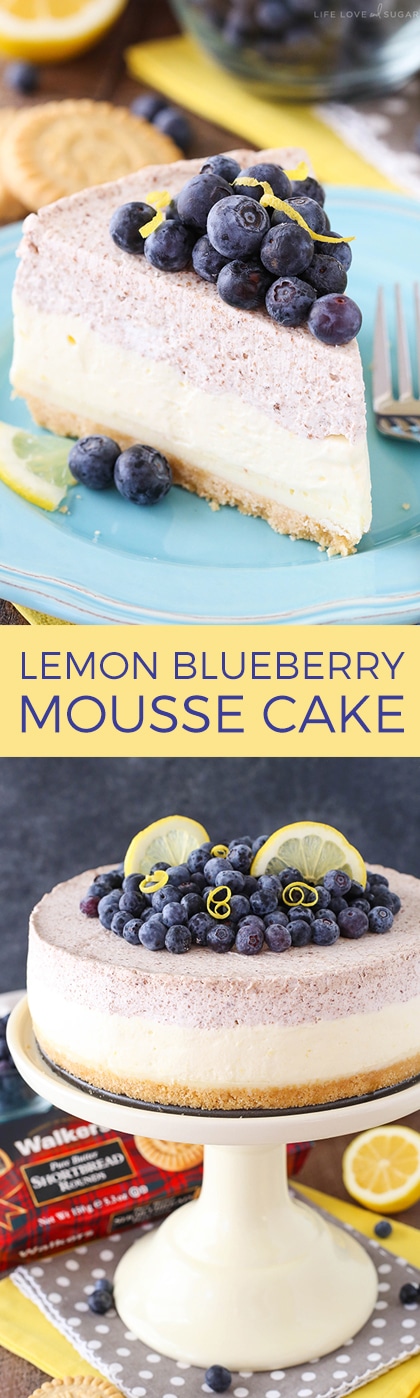 Lemon Blueberry Mousse Cake - This cake is almost entirely no bake and perfect for spring and summer! A layer of blueberry and lemon mousse on top of white chocolate ganache and a Walkers Shortbread crust!