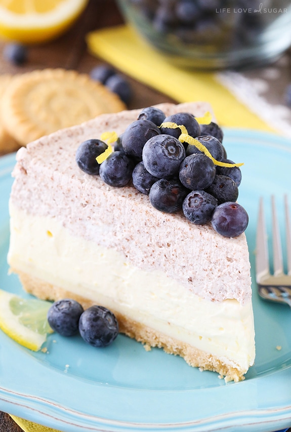 Lemon Blueberry Mousse Cake slice on blue plate