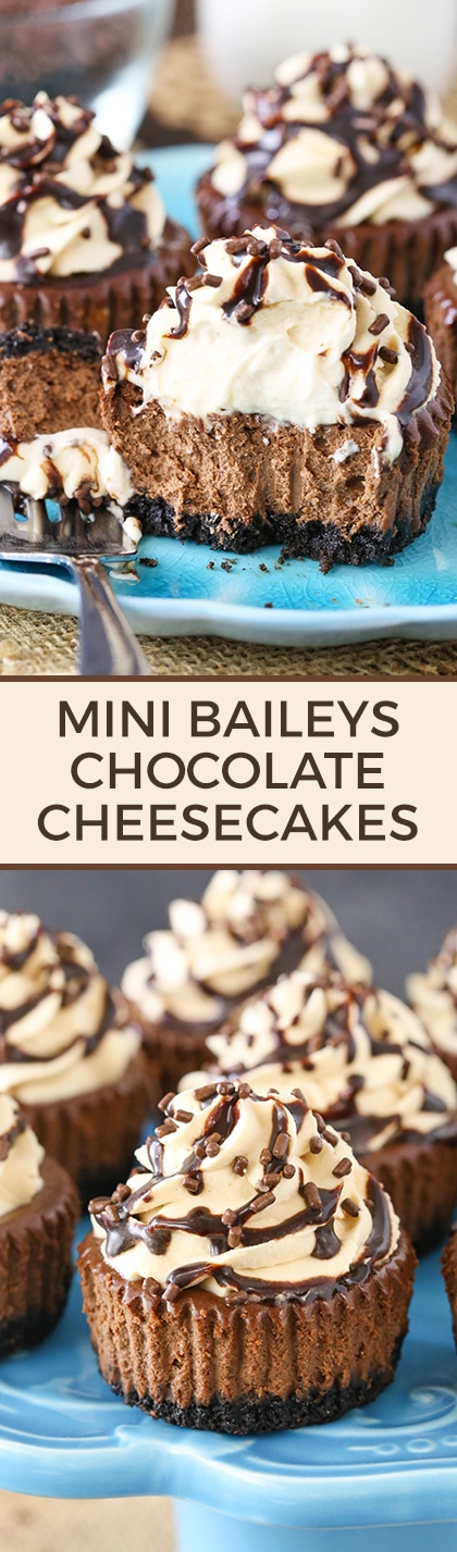 Mini Baileys Chocolate Cheesecakes - irish cream in the cheesecake and the whipped cream! The cupcake size makes them the perfect size dessert for St. Patrick's Day!