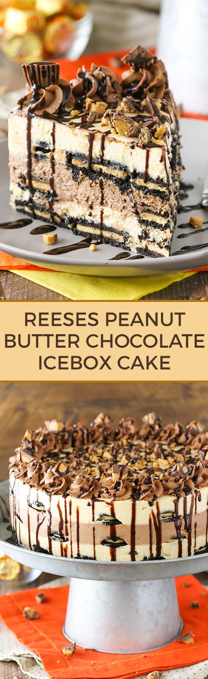 Reeses Peanut Butter Chocolate Icebox Cake - an awesome no bake dessert! Layers of peanut butter and chocolate filling, peanut butter Oreos and Reese's on top!