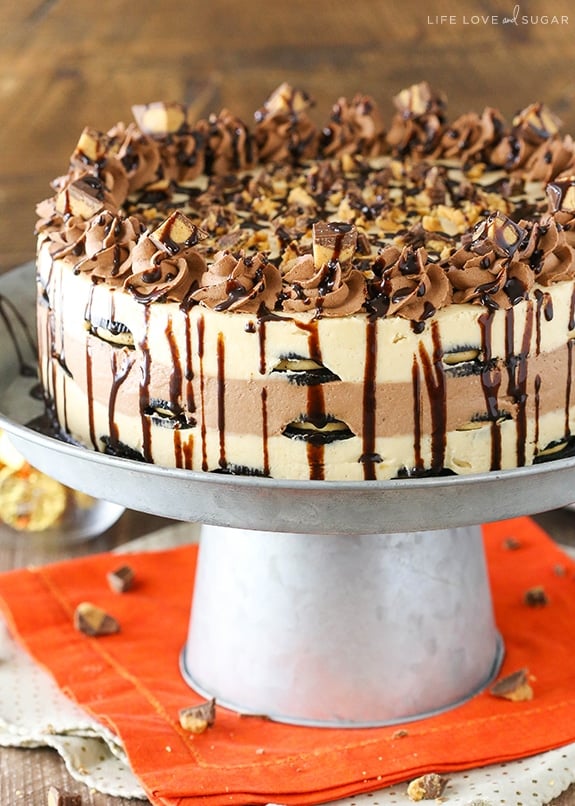 Reeses Peanut Butter Chocolate Icebox Cake decorated on stand