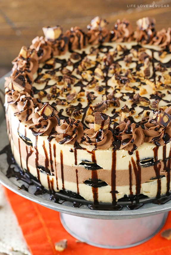 Overhead view of Reeses Peanut Butter Chocolate Icebox Cake on a stand