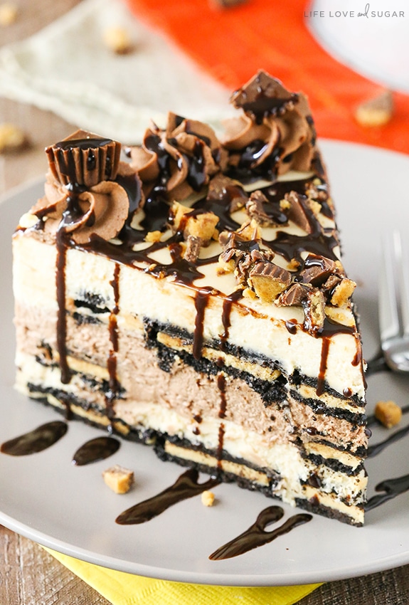 Reeses Peanut Butter Chocolate Icebox Cake slice on a plate