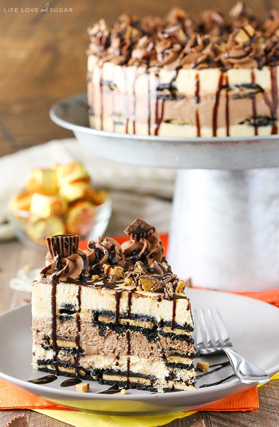 Slice of Reeses Peanut Butter Chocolate Icebox Cake on plate