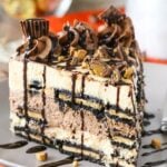 Close-up of a slice of Reeses Peanut Butter Chocolate Icebox Cake on a plate