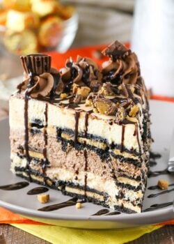 Close-up of a slice of Reeses Peanut Butter Chocolate Icebox Cake on a plate