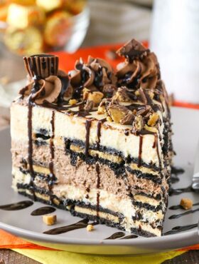 Close-up of a slice of Reeses Peanut Butter Chocolate Icebox Cake on a plate