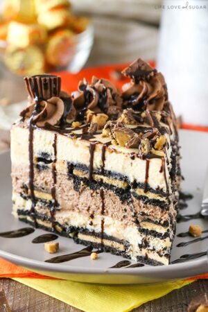 Close-up of a slice of Reeses Peanut Butter Chocolate Icebox Cake on a plate