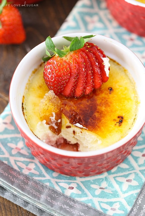 Overhead view of a ramekin of Strawberries Brûlée 