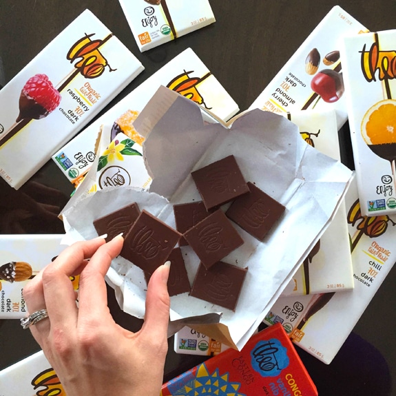 Overhead view of a variety of Theo chocolate