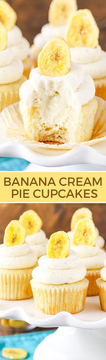 Banana Cream Pie Cupcakes - Banana cupcakes, cream pie filling and an amazing banana frosting with a special ingredient! Seriously to die for!