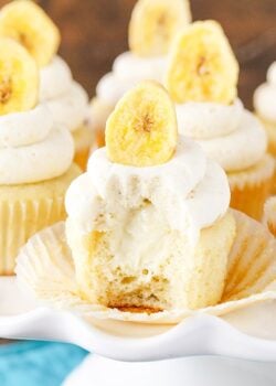 Close-up of a Banana Cream Pie Cupcake with a bite out of it