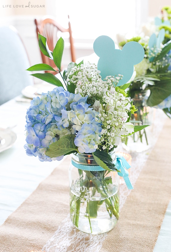 The Blue and White Flower Arrangement for the Mickey Bridal Shower Bouquets