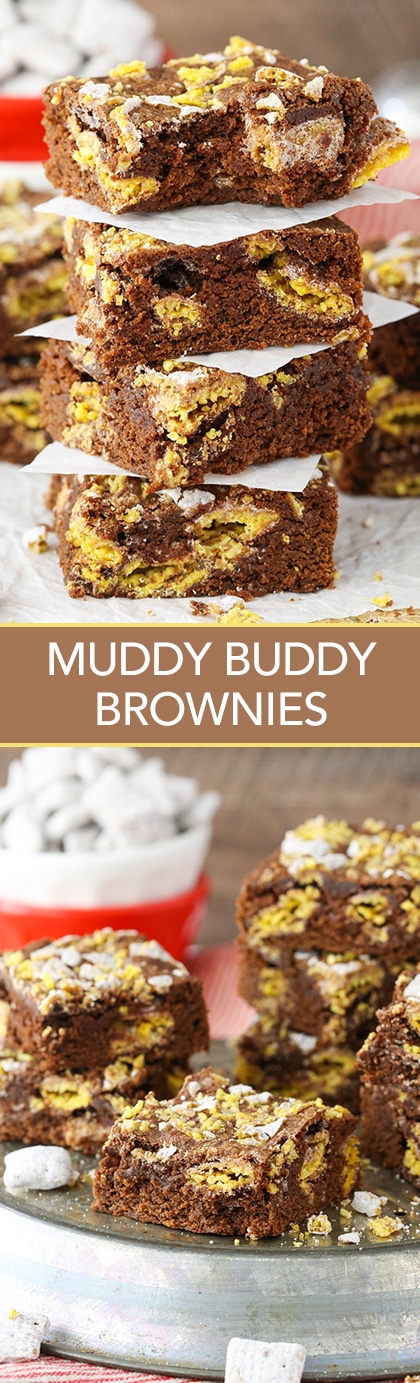 Muddy Buddy Brownies - delicious cakey brownies filled with a light crunch of muddy buddies!