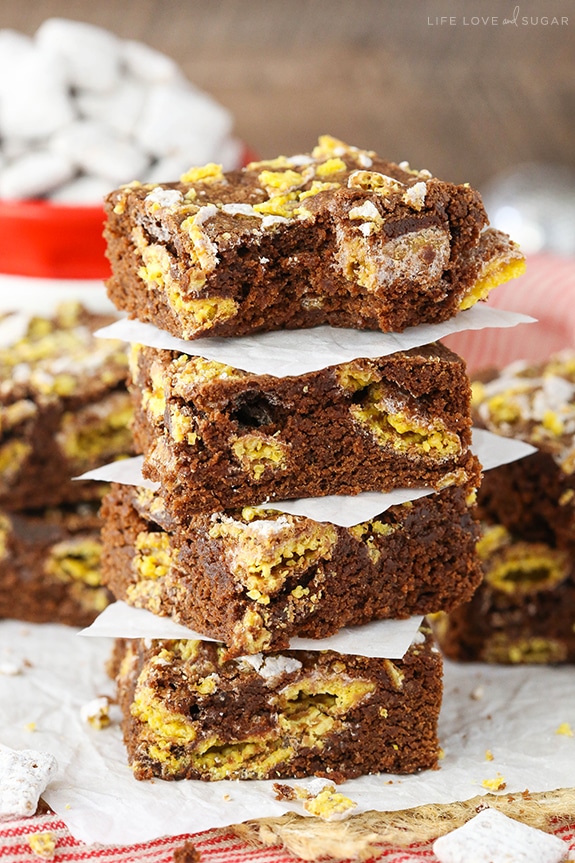 Muddy Buddy Brownies - delicious cakey brownies filled with a light crunch of muddy buddies!