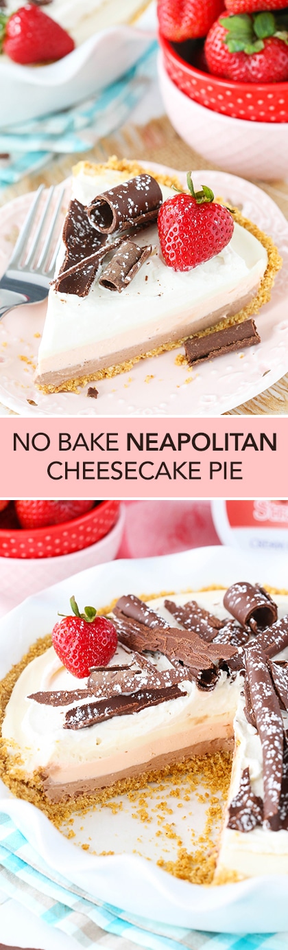 No Bake Neapolitan Cheesecake Pie - with three terrific layers, this cheesecake pie is delicious and easy to make!