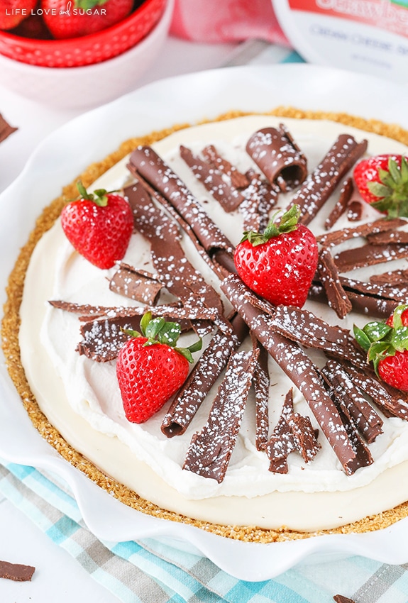 Overhead view of a whole No Bake Neapolitan Cheesecake Pie