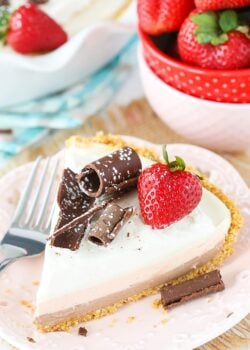 No Bake Neapolitan Cheesecake Pie slice on plate