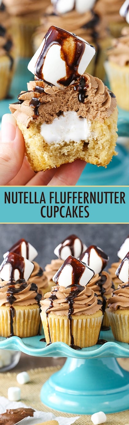 Nutella Fluffernutter Cupcakes - Moist peanut butter cupcakes filled with marshmallow fluff and topped with Nutella frosting! SO good!