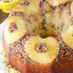 Pineapple Walnut Upside Down Bundt Cake on cake stand