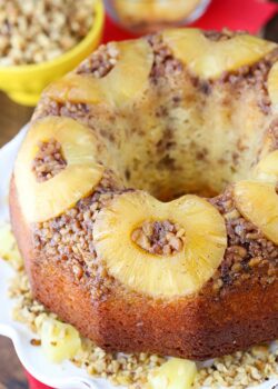Pineapple Walnut Upside Down Bundt Cake on cake stand