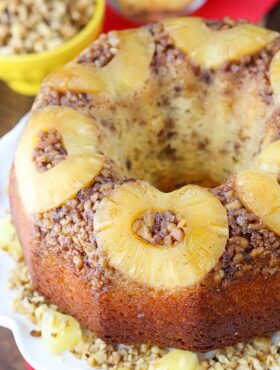 Pineapple Walnut Upside Down Bundt Cake on cake stand