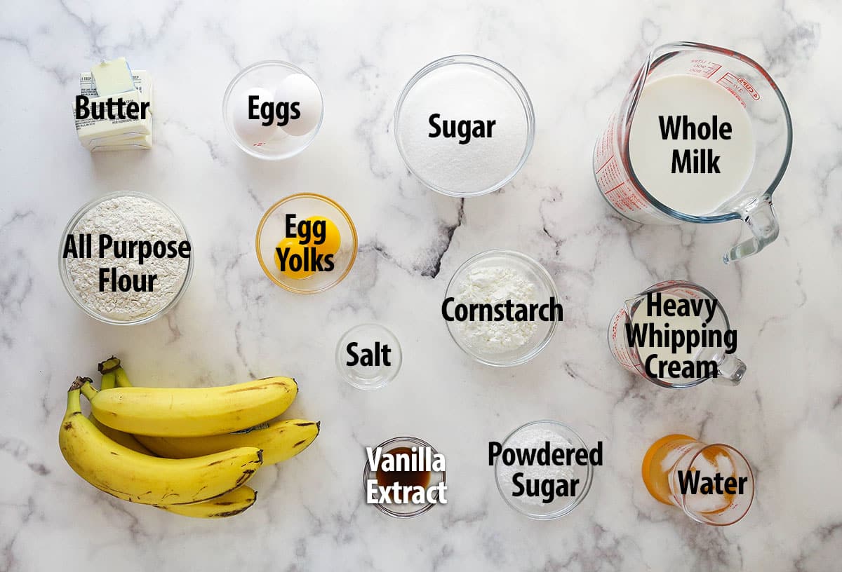 Overhead view of ingredients needed to make banana cream pie