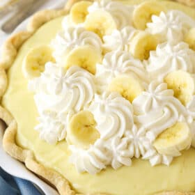 Angled overhead view of banana cream pie