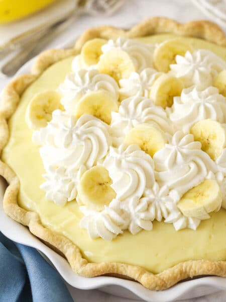Angled overhead view of banana cream pie