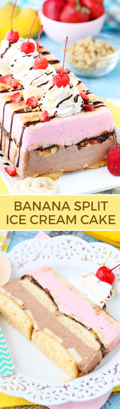 Banana Split Ice Cream Cake Loaf - layers of chocolate and strawberry ice cream, shortbread, bananas, nuts and pineapple! So fun and perfect for summer! It's also gluten free!