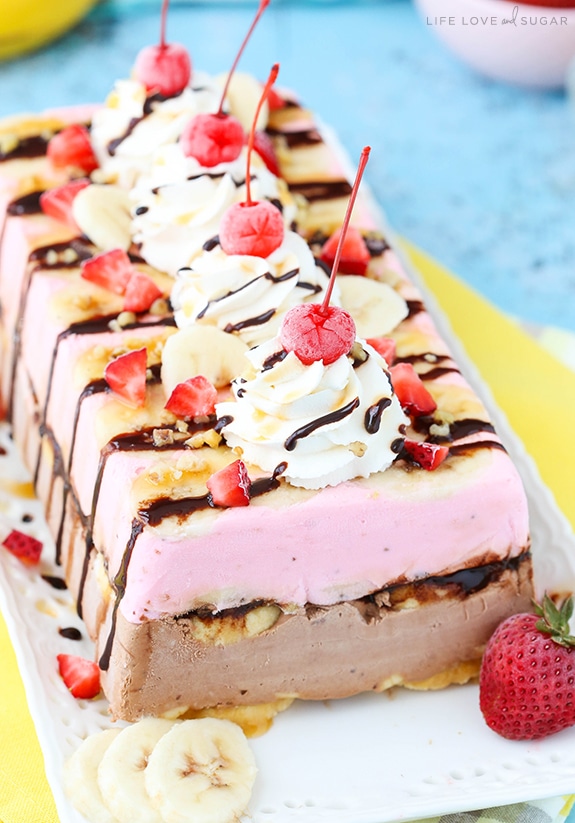 Banana Split Ice Cream Cake Loaf on a platter