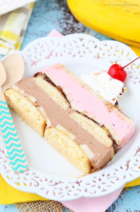 A slice of Banana Split Ice Cream Cake Loaf on a plate