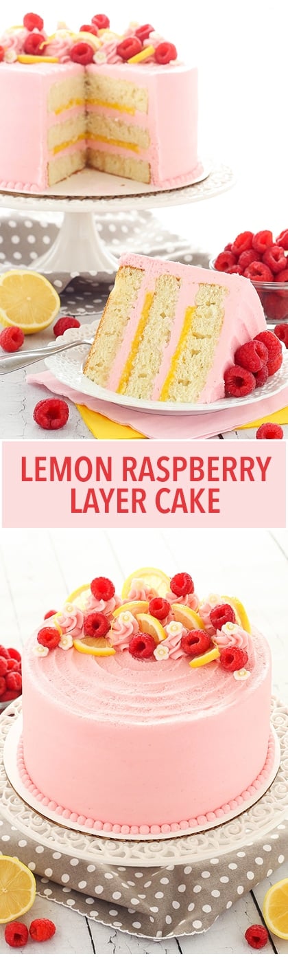 Lemon Raspberry Layer Cake - a light, moist lemon cake with lemon curd filling and raspberry frosting! So light, sweet, tart and the perfect dessert for summer!