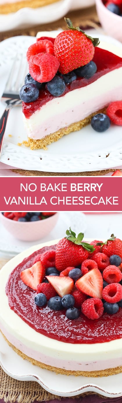 No Bake Berry Vanilla Cheesecake - a layer of berry and vanilla cheesecake, a thick graham cracker crust and a delicious berry topping! SO good! The perfect summer dessert recipe!