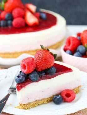 slice of No Bake Berry Vanilla Cheesecake