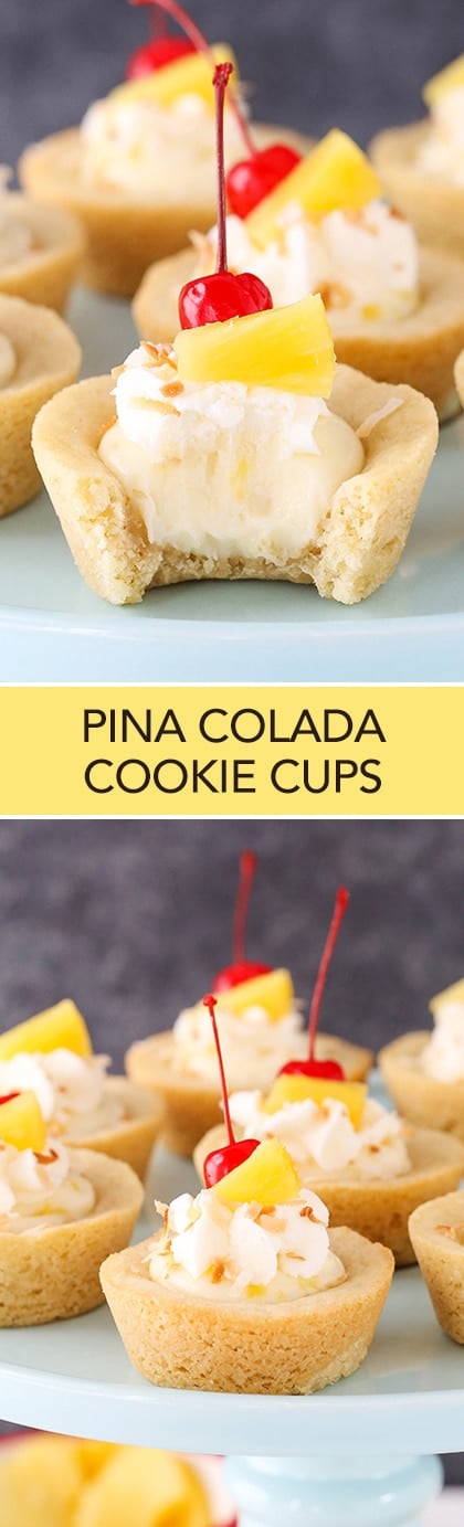 Pina Colada Cookie Cups - a coconut cookie with pineapple cheesecake filling! The perfect summer dessert!