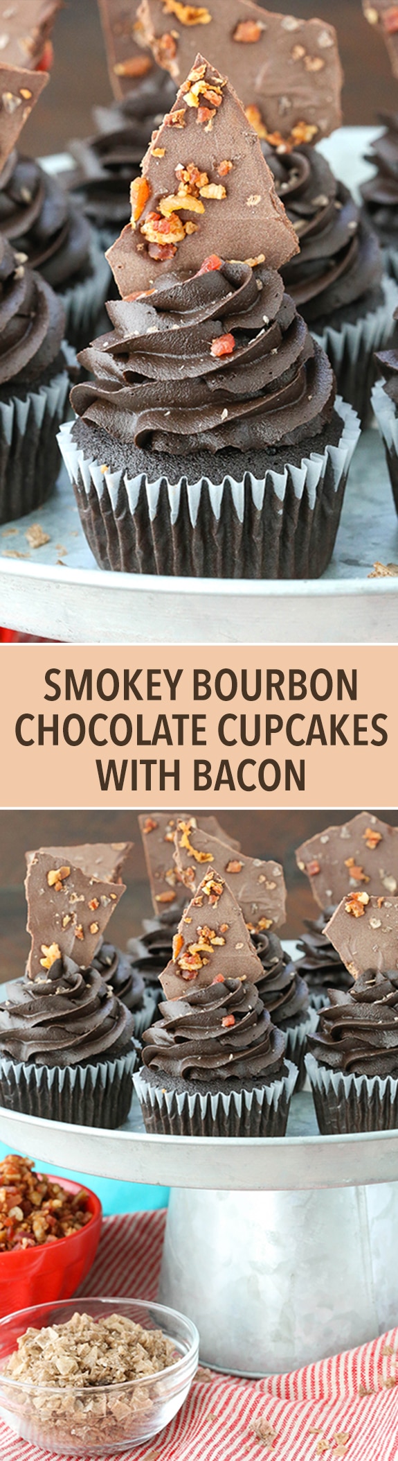 Smokey Bourbon Chocolate Cupcakes with Bacon - dark chocolate cupcakes spiked with bourbon in the cupcake and frosting! Topped with smokey salted bacon chocolate bark! SO amazing!