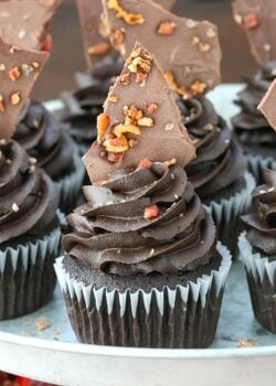 close up of Smokey Bourbon Chocolate Cupcakes with Bacon