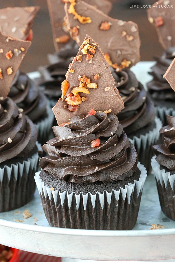 Close-up of Smokey Bourbon Chocolate Cupcakes with Bacon