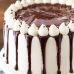 Overhead image of Baileys chocolate cake on a cake stand.